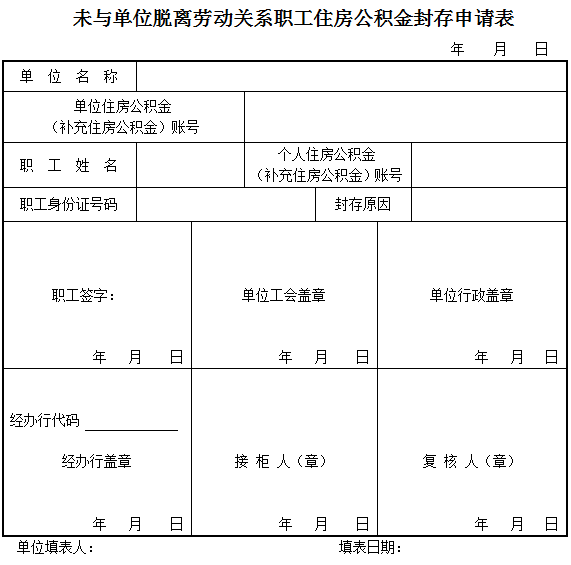 未与单位脱离劳动关系职工住房公积金封存申请表